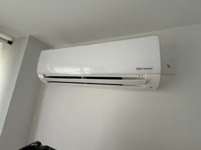 LG Dual Inverter mini-split AC unit professionally mounted on white wall in NYC home