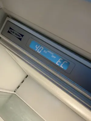 Sub-Zero refrigerator control panel displaying 40°F temperature and EC error code during diagnostics