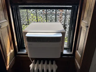 Window AC installed in ornate wooden window frame, NYC brownstone