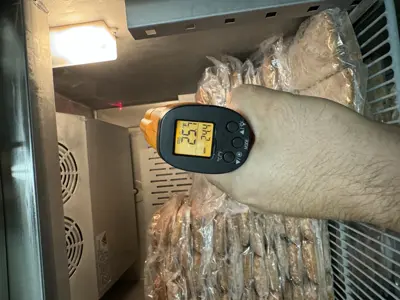 Technician using infrared thermometer to verify proper temperature inside commercial refrigerator after repair