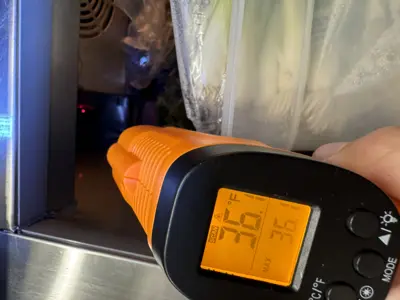 Infrared thermometer reading 36°F inside a commercial refrigerator during temperature diagnostic check