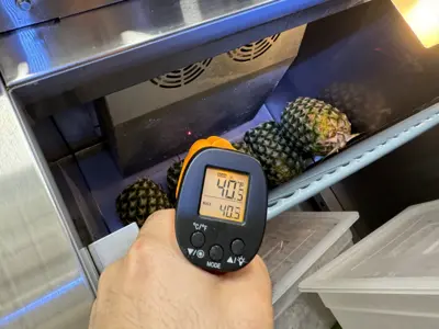 Technician using infrared thermometer to verify refrigerator temperature at 40°F after repair in NYC